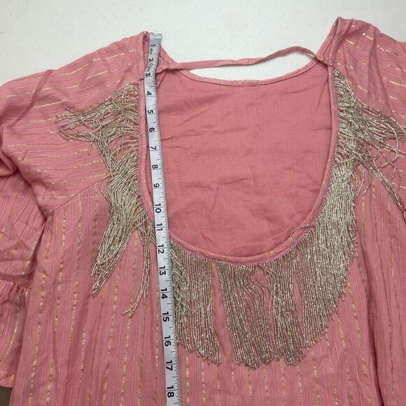Boston Proper Dress Womens Large Pink Gold Striped Beaded Silver Fringe Low Back - Picture 12 of 15